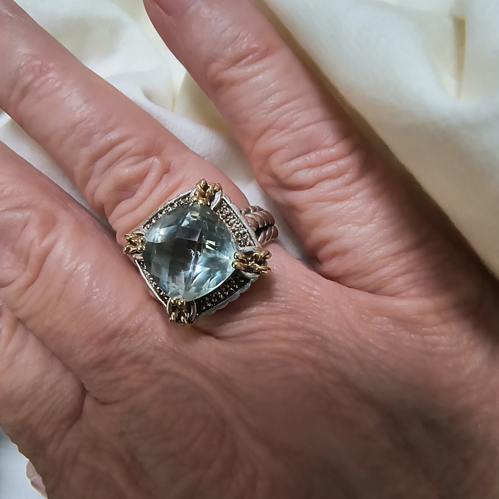 Green Amethyst/Prasiolite Statement Ring In Sterling & 14k Gold